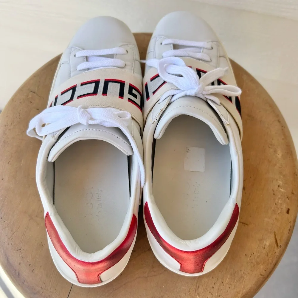 GUCCI Calfskin Stripe Men’s New Ace Sneakers New Mystic White Ecru Red Flame